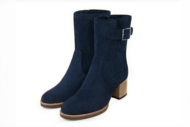Classic leather ankle boots featuring adjustable side buckles and sleek hardware for secure support and timeless everyday style, in navy blue leather with round toe and mid block heel